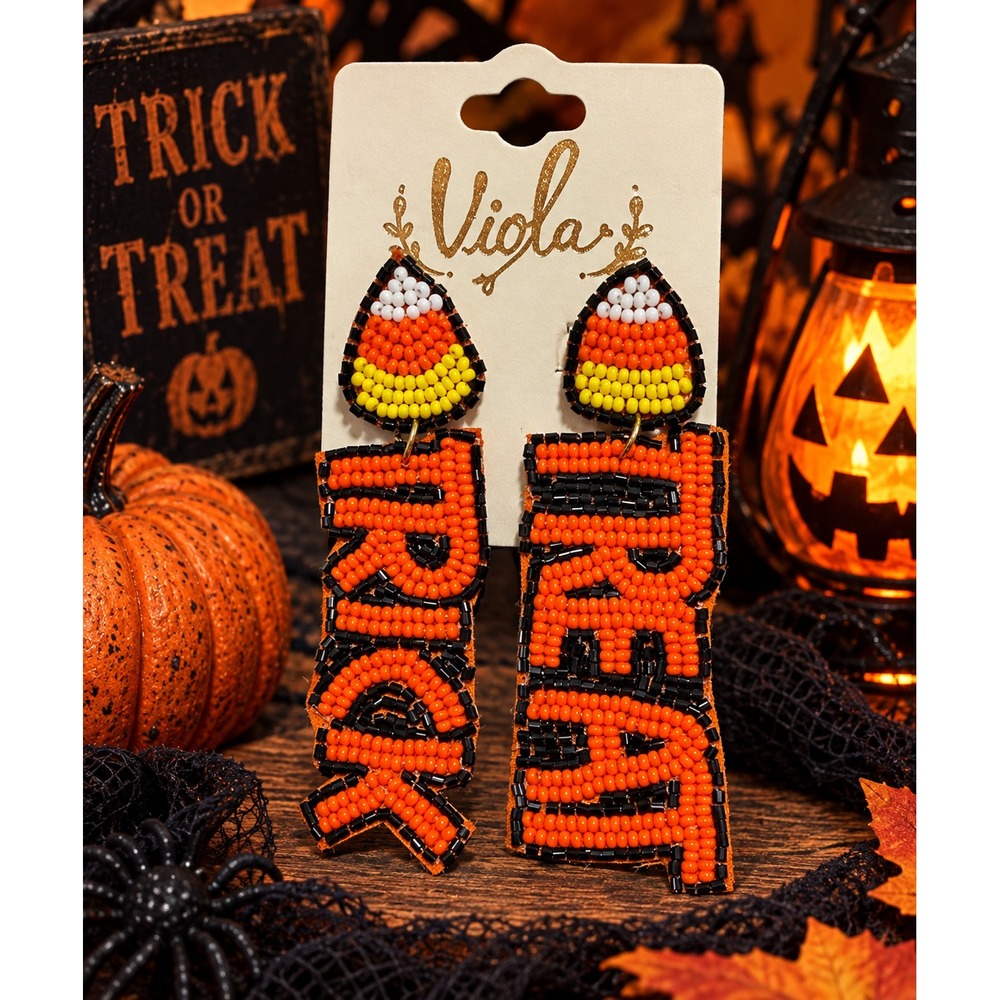 Candy Corn Trick or Treat Seed Bead Earrings Halloween Statement Dangle